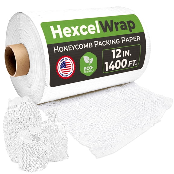 HexcelPack HexcelWrap Honeycomb Packing Paper - Eco-Friendly, Sustainable Paper Bubble Wrap for Shipping and Moving, Cushioned Packing Material. No Tape Needed - White, 12" x 1400'