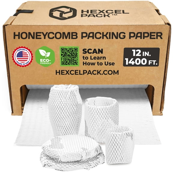 HexcelPack HexcelWrap Mini - Honeycomb Packing Paper, Eco-Friendly, Sustainable Paper Bubble Wrap for Shipping & Moving, Cushioned Packing Material in Easy Self-Dispenser Box - White, 12" x 1400'