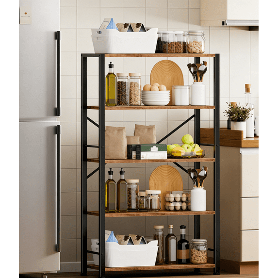 Hexmn 5 Tier Sturdy Wood & Metal Frame Bookshelf, Large Capacity Space-Saving Design With Adjustable Feet,Rustic Brown