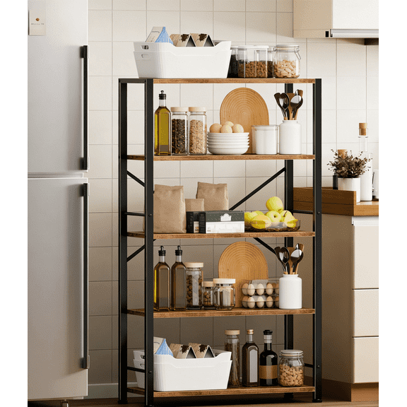 Satifur 5 Tier Sturdy Wood & Metal Frame Bookcase, Large Capacity Space-Saving Design With Adjustable Feet,Rustic Brown