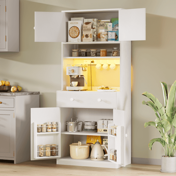 Hexmn 72" Kitchen Pantry Storage Cabinet with Doors & Shelves, Wood Buffet Cabinet with Microwave Stand, Tall Hutch Cabinet for Dining Room, White