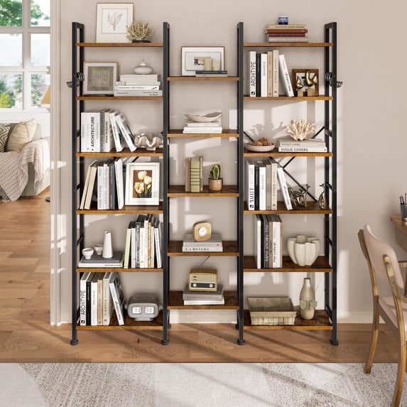 Satifur 72" Tall Bookcase, 6 Tier Large Bookcase with Waterproof Wood Shelves, Heavy Duty Metal Frame with X-Brace, Anti-Falling Design, Vintage Industrial Storage Rack