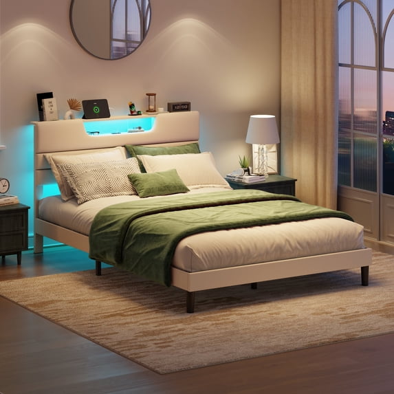 Hexmn Beige Fine Linen Fabric Bed Frame with Upholstered Headboard & Charge Station, Full Size Bed Frame with LED Lights, No Box Spring Needed