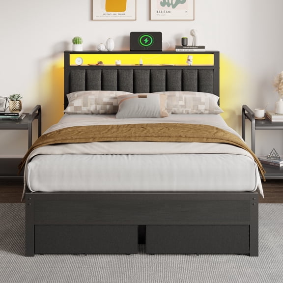Hexmn Full Bed Frame with Upholstered Storage Headboard & 2 Drawers, Platform Metal Bed with 2 USB Ports and Outlets, Under-bed Storage and Noise Free Design
