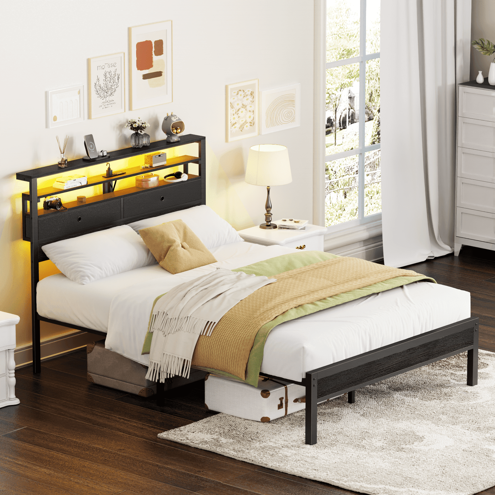 Hexmn Full Size Bed Frame with LED Headboard 2 Storage Drawers, Black oack, Easy Assembly