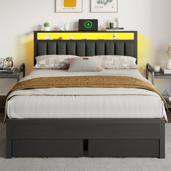 Tydimor Queen Bed Frame with Upholstered Storage Headboard & 2 Drawers, Platform Metal Bed with 2 USB Ports and Outlets, Under-bed Storage and Noise Free Design