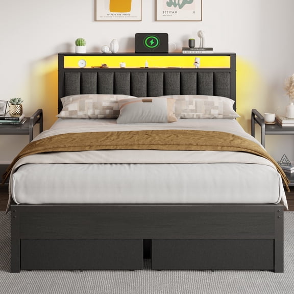 Tydimor Queen Bed Frame with Upholstered Storage Headboard & 2 Drawers, Platform Metal Bed with 2 USB Ports and Outlets, Under-bed Storage and Noise Free Design