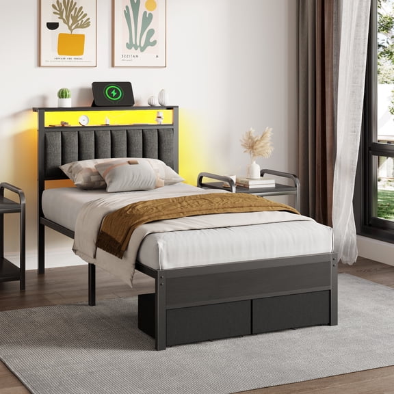 Tydimor Twin Bed Frame with Upholstered Storage Headboard & 2 Drawers, Platform Metal Bed with 2 USB Ports and Outlets, Under-bed Storage and Noise Free Design