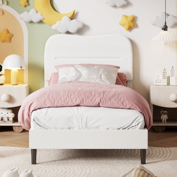 Hexmn Twin Bed Frame with Teddy Velvet Soft Curved Headboard, Platform Bed Easy Assembly, Noise-Free, White