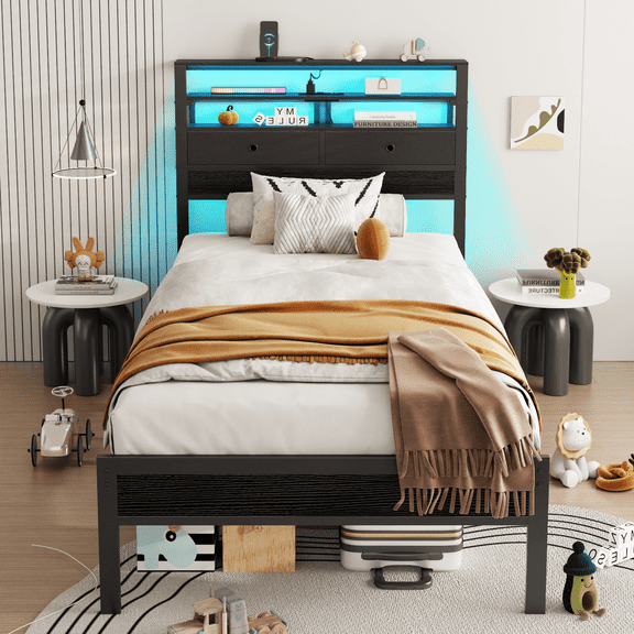 Hexmn Twin Size Bed Frame with LED Headboard 2 Storage Drawers, Black oack, Easy Assembly