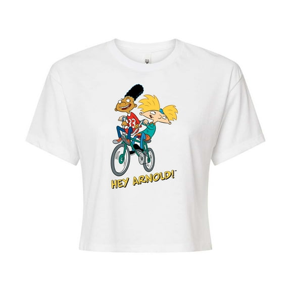 Hey Arnold! - Arnold and Gerald on Bike - Juniors Cropped Cotton Blend T-Shirt