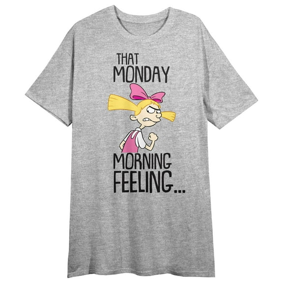 Hey Arnold Helga That Monday Morning Feeling Crew Neck Short Sleeve Gray Heather Women's Night Shirt-Medium