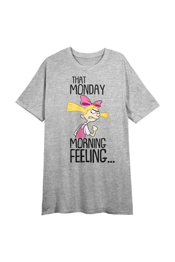 Hey Arnold Helga That Monday Morning Feeling Crew Neck Short Sleeve Gray Heather Women's Night Shirt-XL