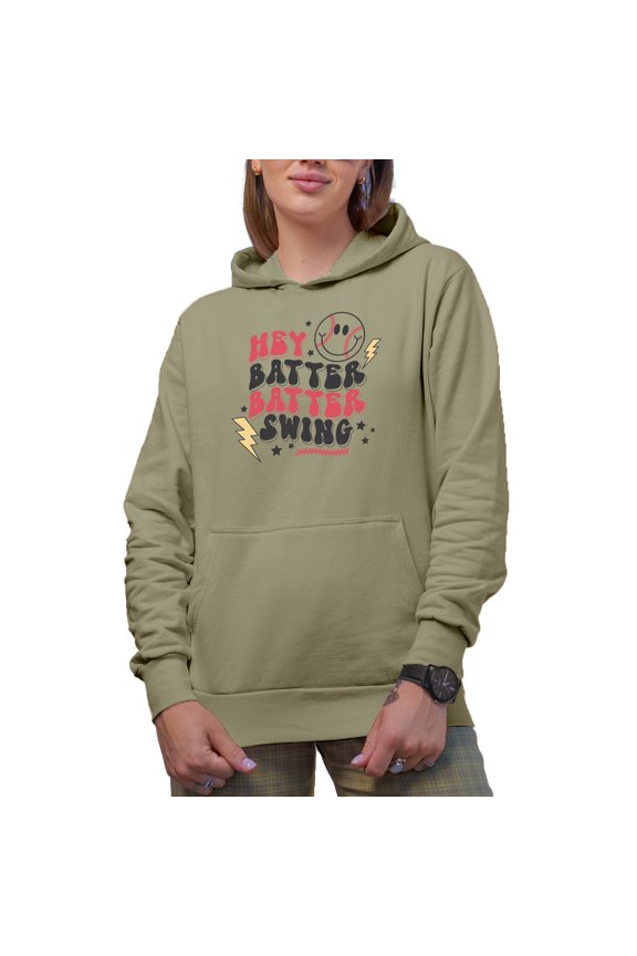 Hey Batter Batter Swing, 90s Retro Groovy Wavy Text & Baseball Themed Merch Gift, Sand Hooded Sweatshirt or Hoodie, Medium