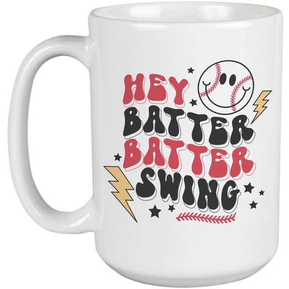 Hey Batter Batter Swing, 90s Retro Groovy Wavy Text & Baseball Themed Merch Gift, White 15oz Ceramic Mug