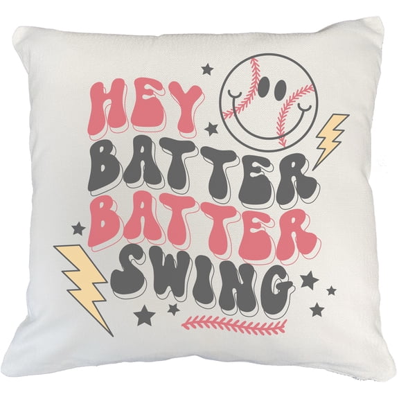 Hey Batter Batter Swing, 90s Retro Groovy Wavy Text & Baseball Themed Merch Gift, White Pillow Case 18X18 IN