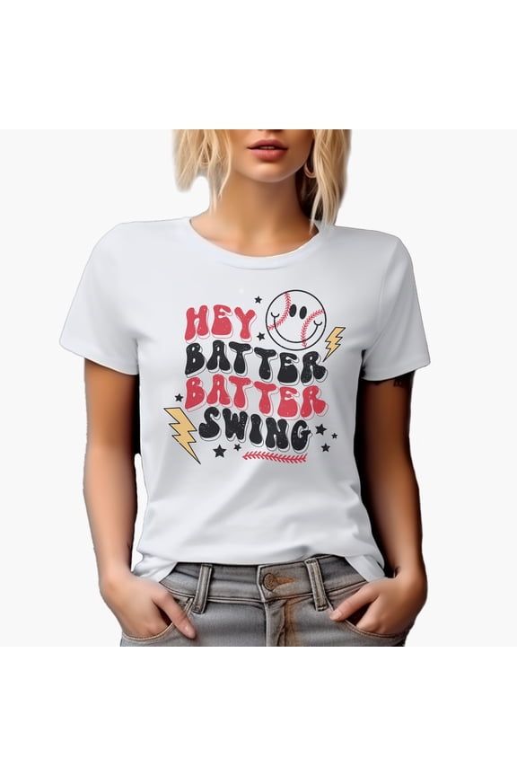 Hey Batter Batter Swing, 90s Retro Groovy Wavy Text & Baseball Themed Merch Gift, White T-Shirt, Large