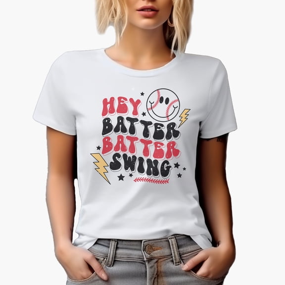 Distressed Hey Batter Batter Swing - 90s Retro Groovy Wavy Text & Baseball Themed Merch Gift, White T-Shirt, Small