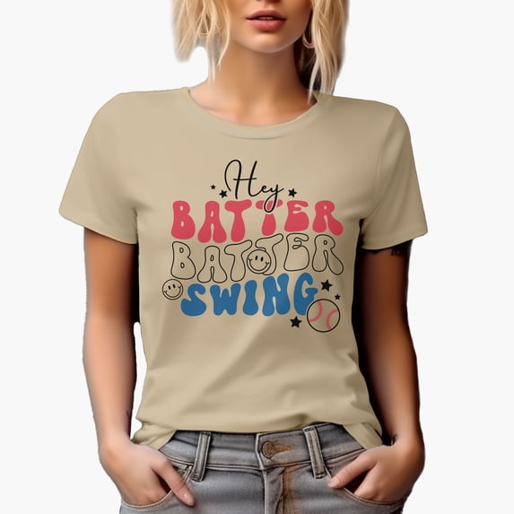 Hey Batter Batter Swing, Retro Groovy Wavy Text Baseball Art Merch Gift, Tan T-Shirt, Medium