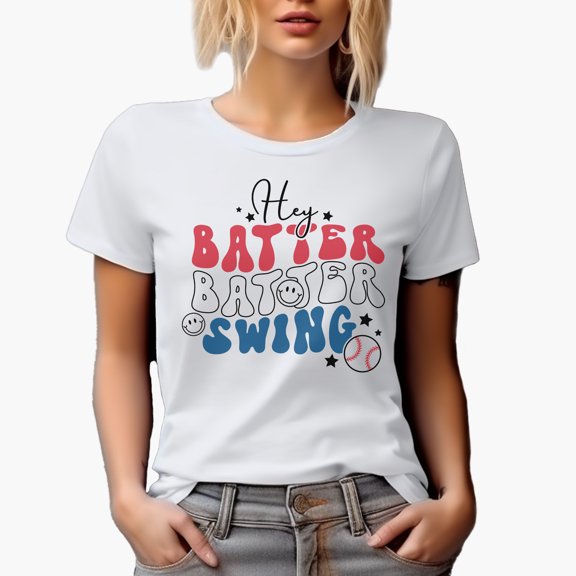 Hey Batter Batter Swing, Retro Groovy Wavy Text Baseball Art Merch Gift, White T-Shirt, Small