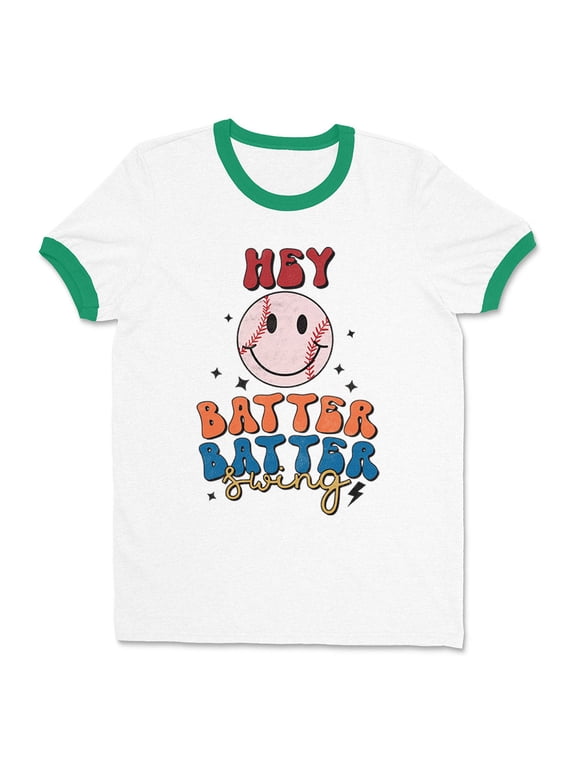 Hey Batter Batter Swing Ringer Tee Shirt Unisex Medium White/Kelly Green