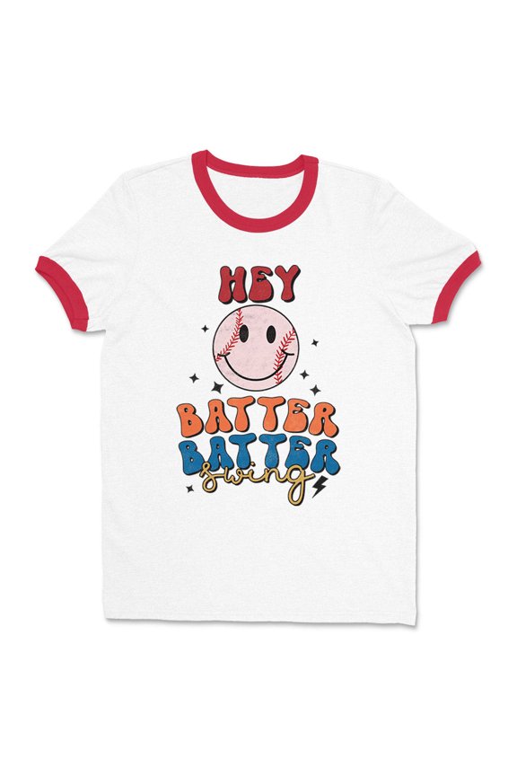Hey Batter Batter Swing Ringer Tee Shirt Unisex Medium White/Red