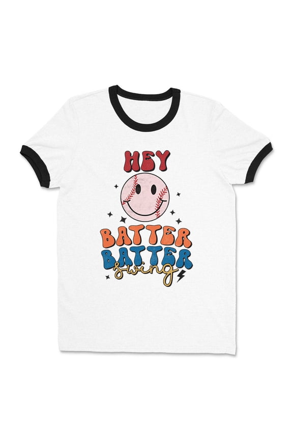 Hey Batter Batter Swing Ringer Tee Shirt Unisex Small White/Black