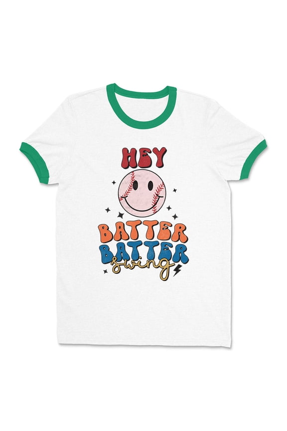 Hey Batter Batter Swing Ringer Tee Shirt Unisex Small White/Kelly Green