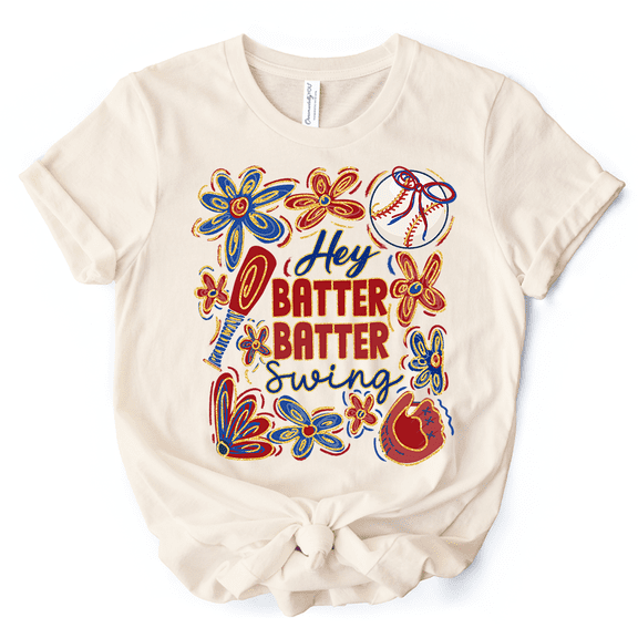 Hey Batter Batter Swing T-Shirt, Retro White and Natural Baseball Tee with Floral Accents