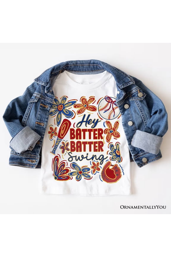 Hey Batter Batter Swing T-Shirt, Retro White and Natural Baseball Tee with Floral Accents