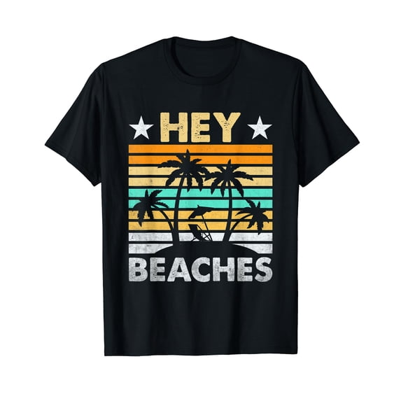 Hey Beaches Hola Retro Sunset Funny Beach Vacation Summer Casual Cotton T-Shirt Black Tee