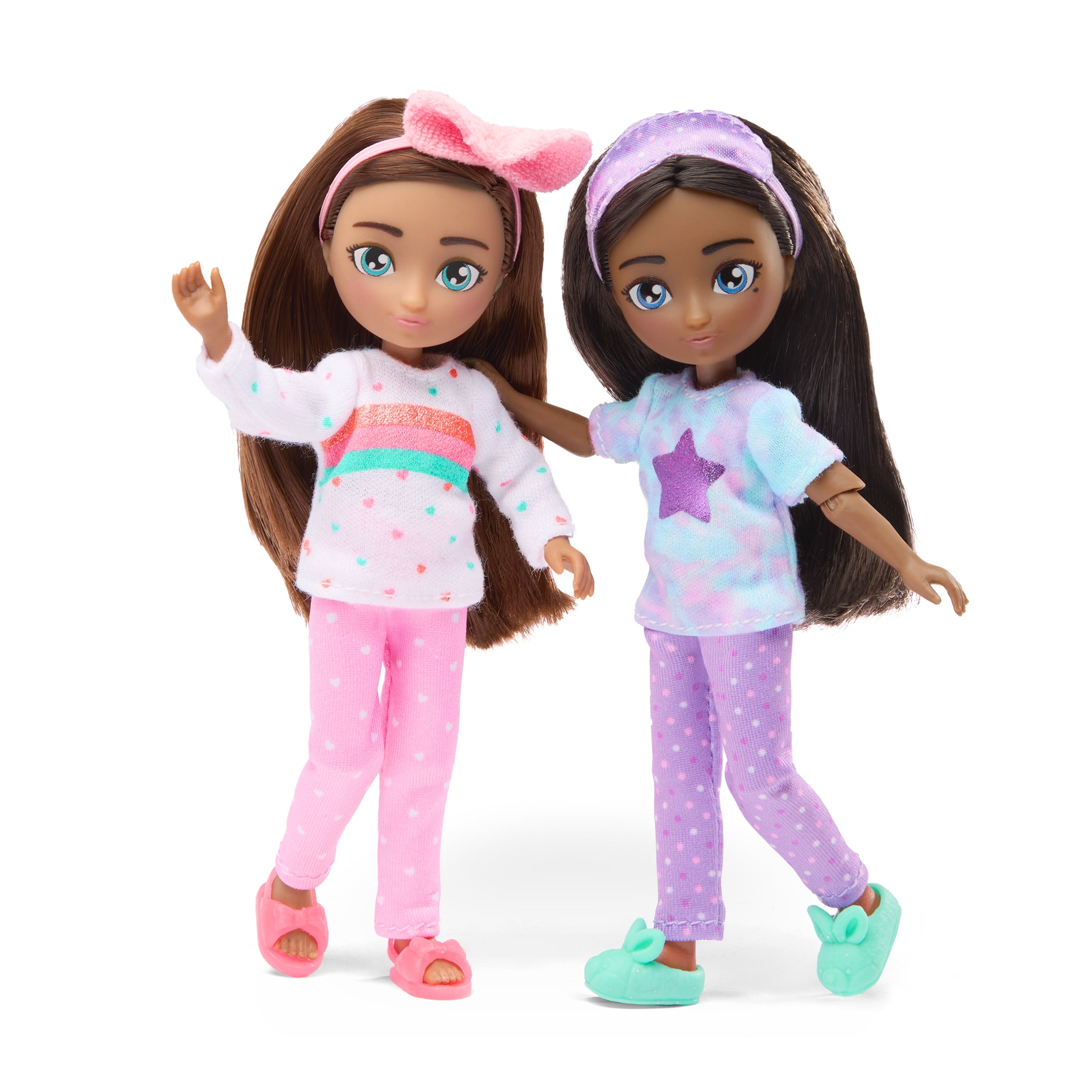 Hey Bestie Mia & Zoe Slumber Party Set of 2 (5.5-inch) Bendable Dolls, Brown Hair & Blue Eyes, Ages 3 & Up