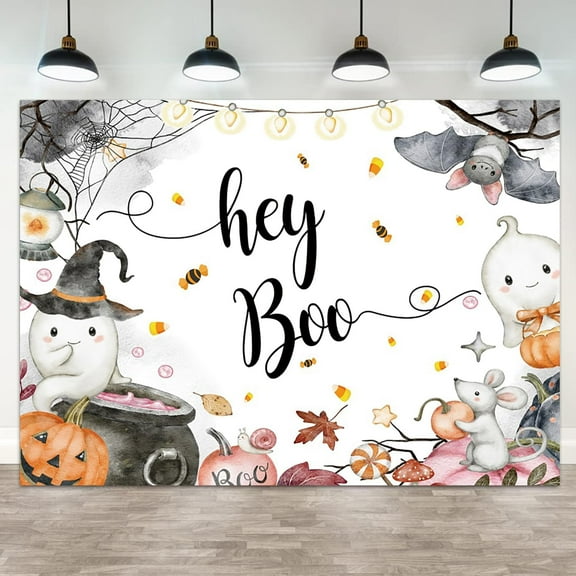 Hey Boo Baby Shower Backdrop Cute Cartoon Ghost Pumpkin Baby Shower Photography Background Maple Leaves Halloween Bat Candy Spider Webs Newborn Birthday Party Decorations Banner Photo Booth Props