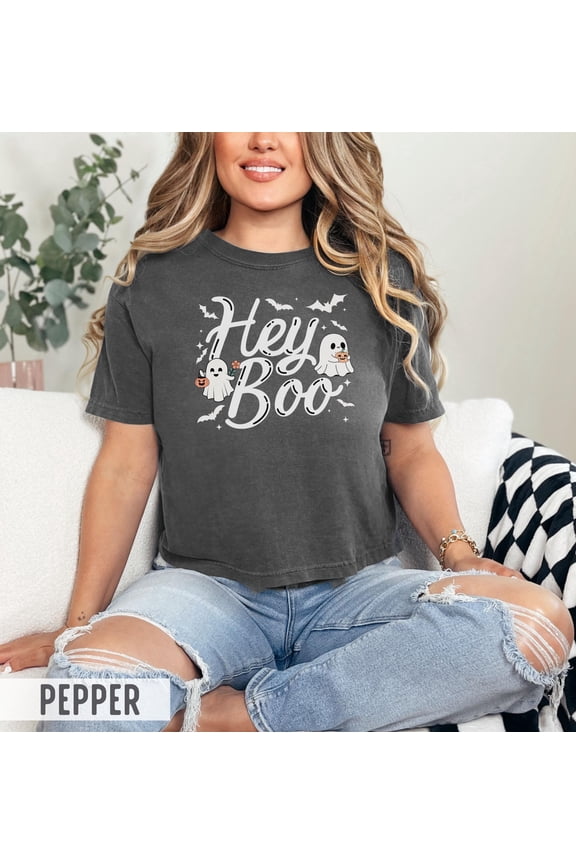 Hey Boo Boxy Crop Halloween Ghosts And Bats T-Shirt, Unisex T-Shirt