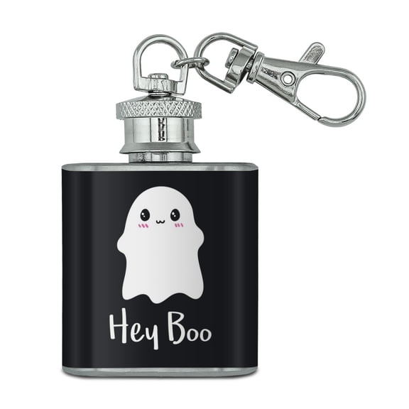 Hey Boo Cute Kawaii Ghost Stainless Steel 1oz Mini Flask Key Chain