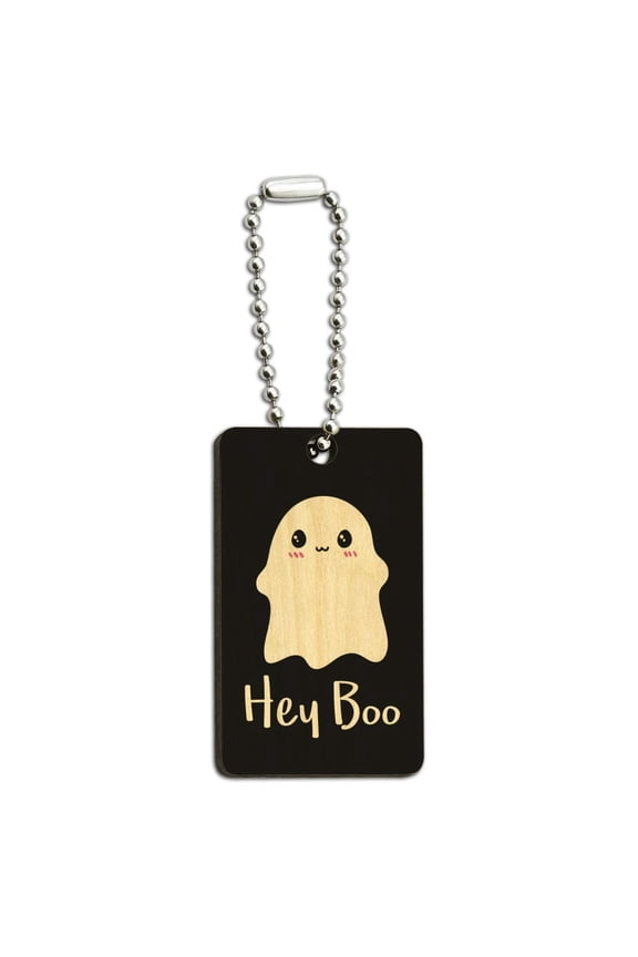 Hey Boo Cute Kawaii Ghost Wood Wooden Rectangle Keychain Key Ring