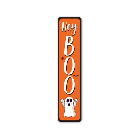 Hey Boo Ghost Halloween Aluminum Sign - Wall Mounted Home Decor Sign - Hang Ornament for Bedroom - Decor Accessory for Home, Bedroom and Living Room - 4x18 inches