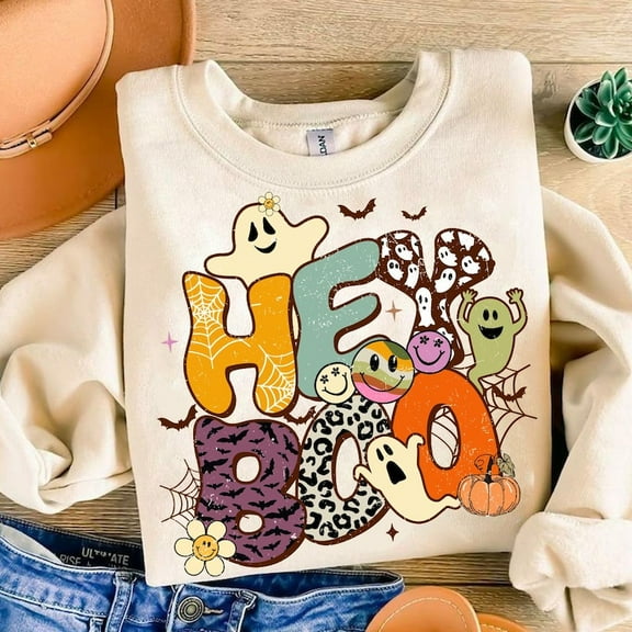 Hey Boo Ghost Sweatshirt, Cute Halloween Boo Crewneck, Retro Floral Leopard Spooky Kids Fall Sweater