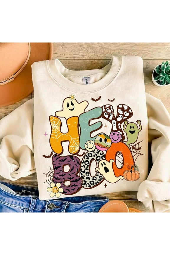 Hey Boo Ghost Sweatshirt, Cute Halloween Boo Crewneck, Retro Floral Leopard Spooky Kids Fall Sweater