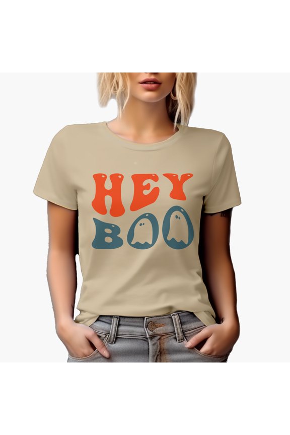 Hey Boo, Pun, Groovy Retro Wavy Text Merch Gift, Tan T-Shirt, Large