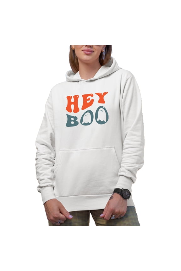 Hey Boo, Pun, Groovy Retro Wavy Text Merch Gift, White Hooded Sweatshirt or Hoodie, Large