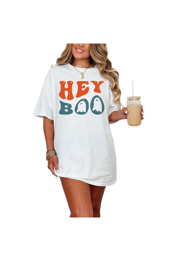 Hey Boo, Pun, Groovy Retro Wavy Text, White Comfort Colors T-Shirt, Medium