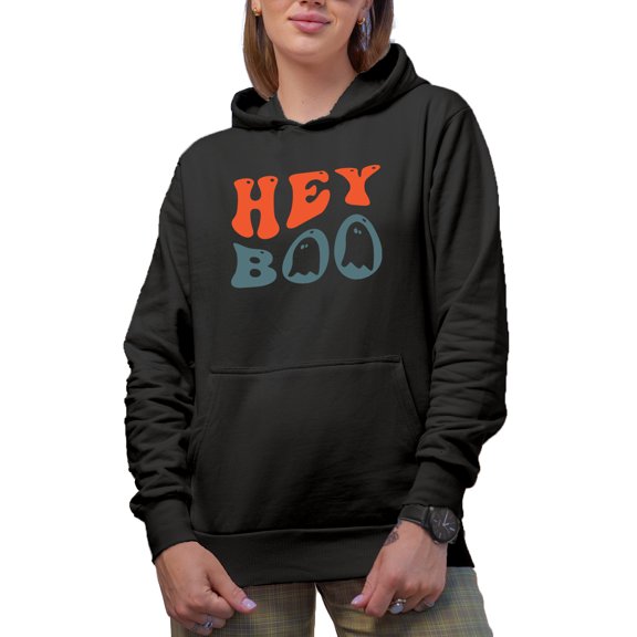 Hey Boo, Pun for Girlfriend, Boyfriend, Wife or Husband, Groovy Retro Wavy Text Merch Gift, Black Hooded Sweatshirt or Hoodie, Small