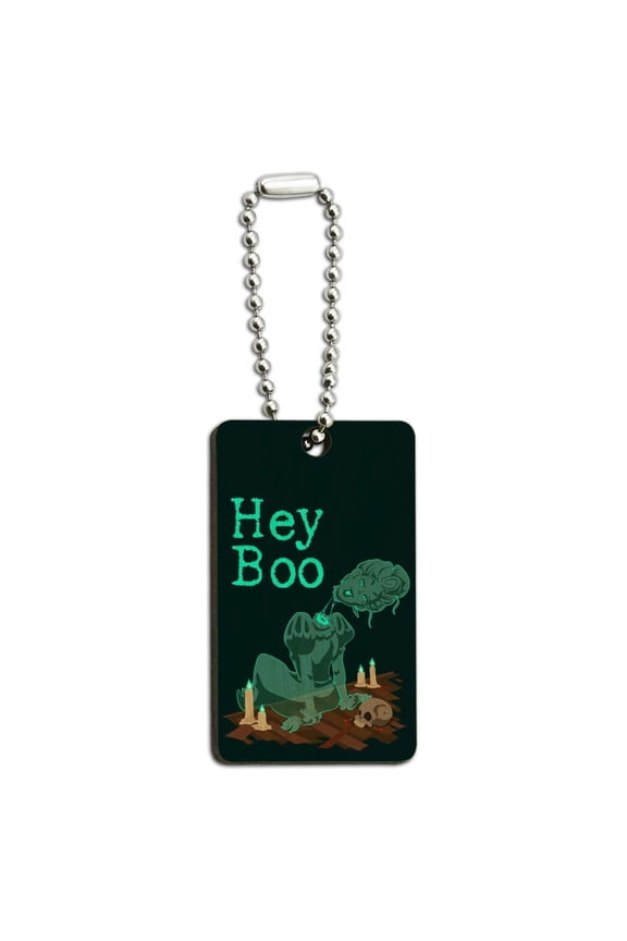 Hey Boo Victorian Headless Ghost Woman Wood Wooden Rectangle Keychain Key Ring