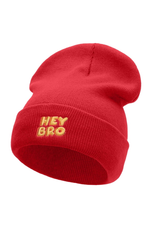 Hey Bro Embroidered 12 Inch Long Knitted Beanie - Red OSFM
