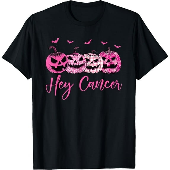 Hey Cancer Pink Ribbon Pumpkin Jack O Lantern Breast Cancer T-Shirt