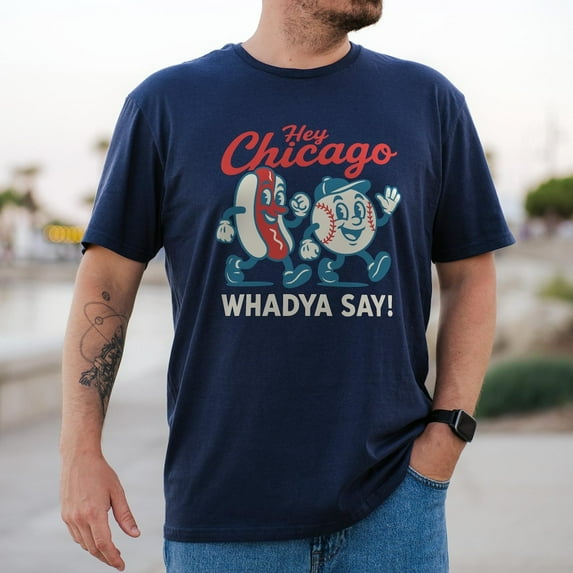Hey Chicago Retro Cartoon T-shirt, Baseball and Hot Dog Graphic, Wrigleyville Vibes, Go Cubs Go Gift