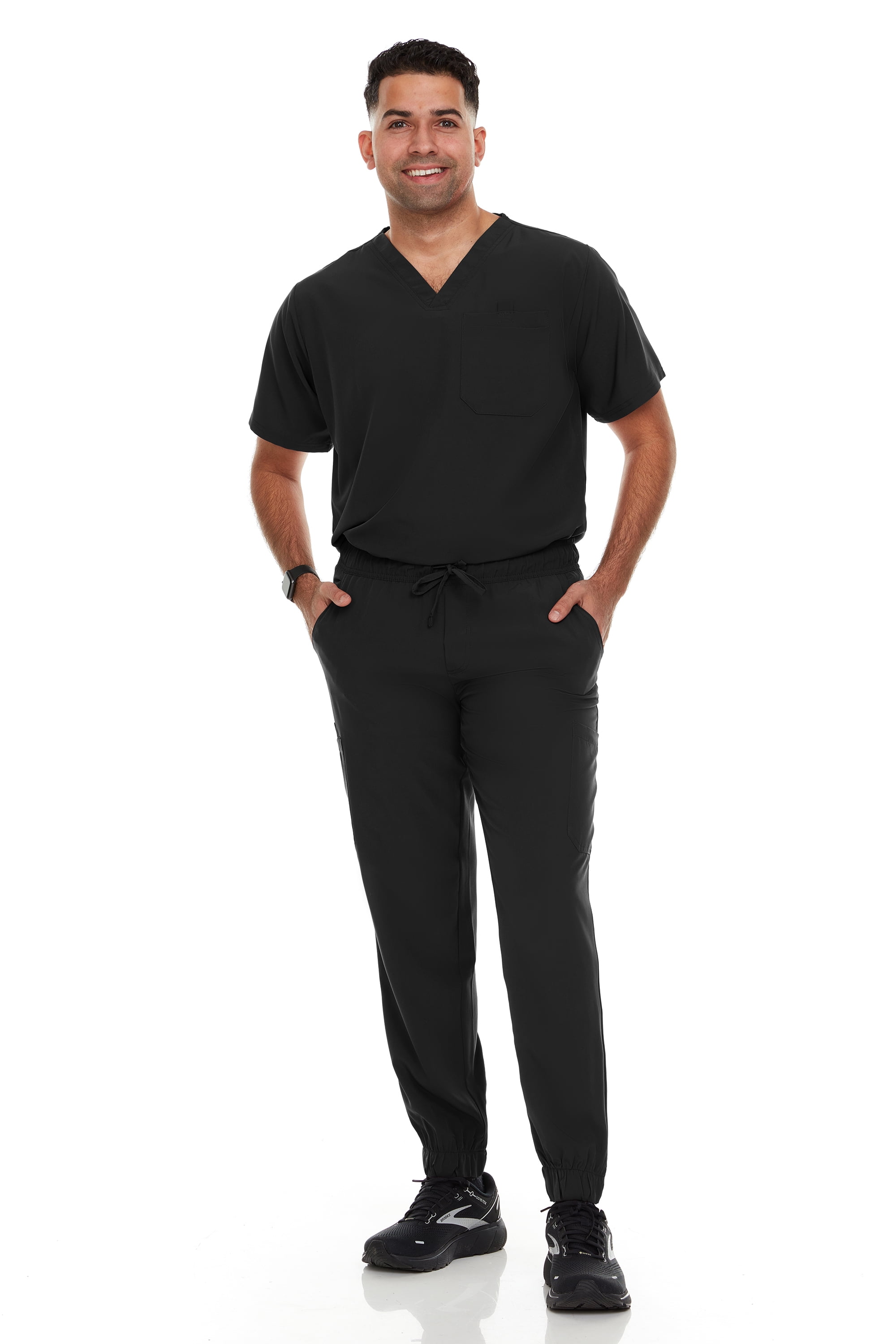 Nursing Medical Uniform Scrub Set for Men, V-Neck Top with 6 Pockets and Elastic Waist Joggers