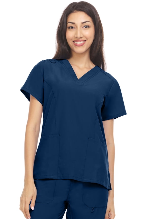 Scrubs 4-Way Stretch V-Neck Medical Scrub Top with Princess Seam, Navy, L