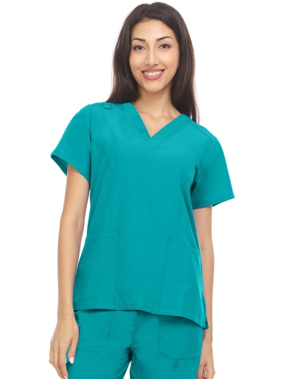 Scrubs 4-Way Stretch V-Neck Medical Scrub Top with Princess Seam, Teal, M